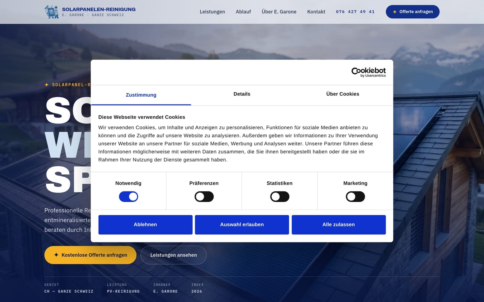 Kundenwebseite Solarpanelreinigung — von 99dev gebaut